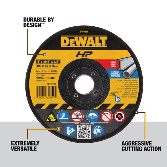 DeWALT 4" x .045" x 5/8" Arbor Metal Cut Off Wheel A60T Grit 15,200 RPM 2