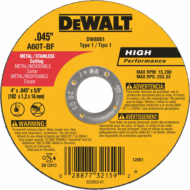 DeWALT 4" x .045" x 5/8" Arbor Metal Cut Off Wheel A60T Grit 15,200 RPM 1