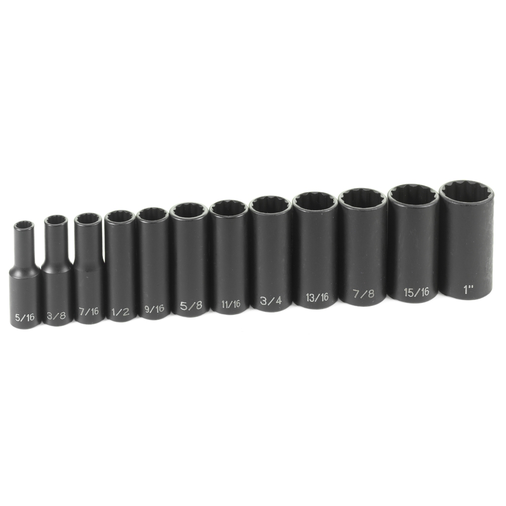 GREY PNEUMATIC 3/8" dr. 12 pc SAE Deep 12 pt. Impact Socket Set 5/16" to 1" 1