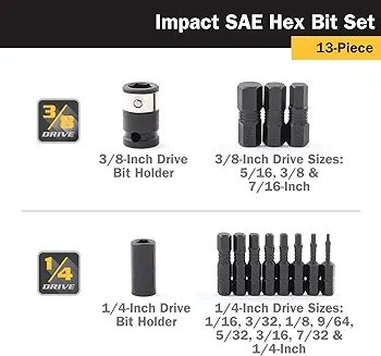 13 Pc.  1/4" & 3/8" Drive SAE Impact Hex Bit Set 1/16" to 7/16" 2