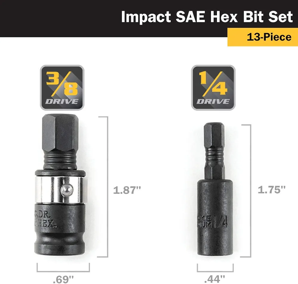 13 Pc.  1/4" & 3/8" Drive SAE Impact Hex Bit Set 1/16" to 7/16" 3